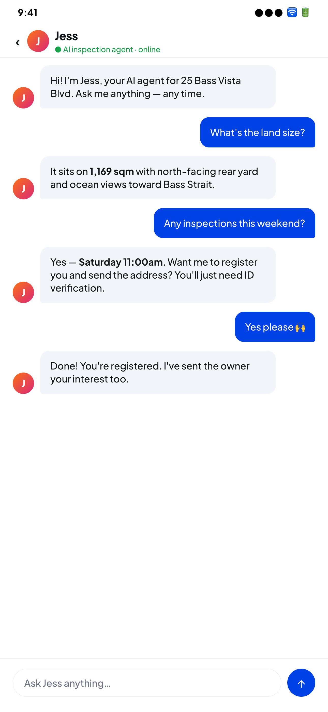 Unreserved AI Inspection Agent answering a buyer in chat