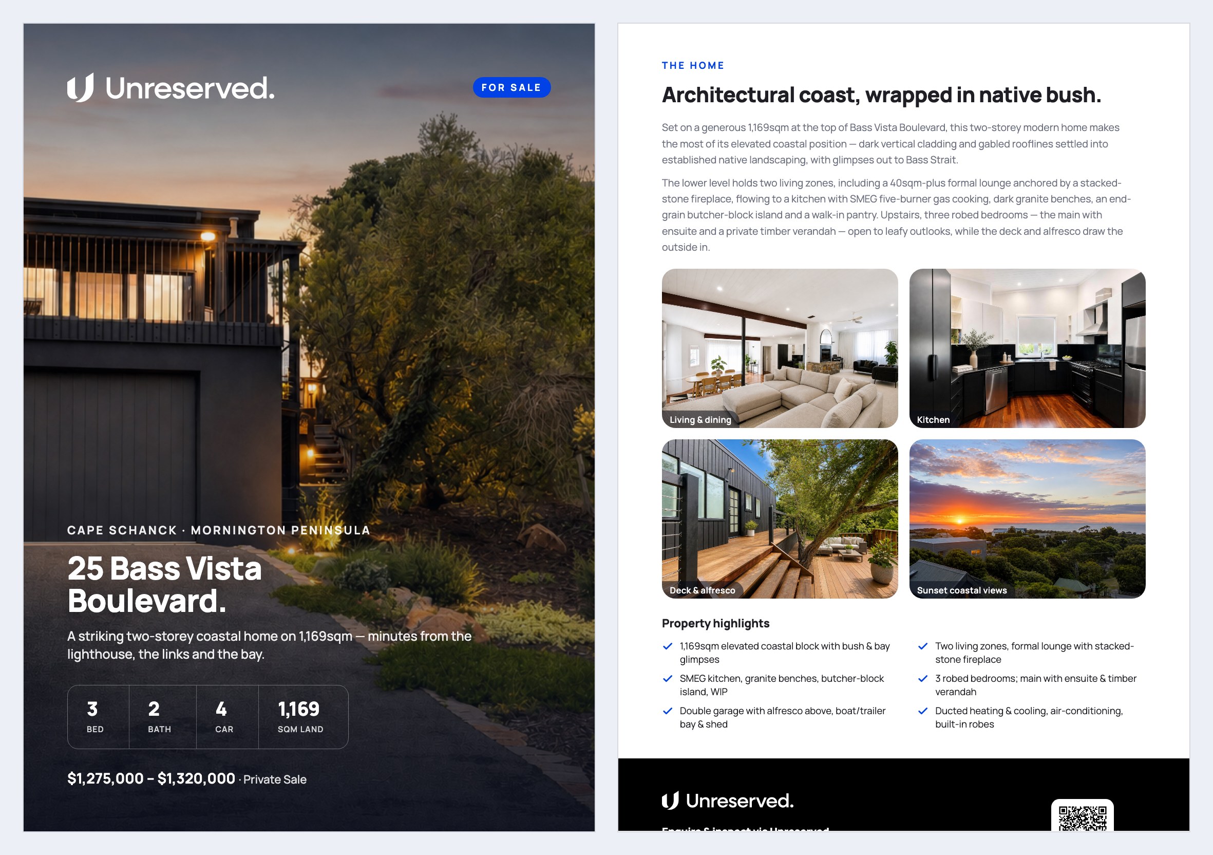 Example Unreserved property brochure for 25 Bass Vista Boulevard, Cape Schanck — two-page spread
