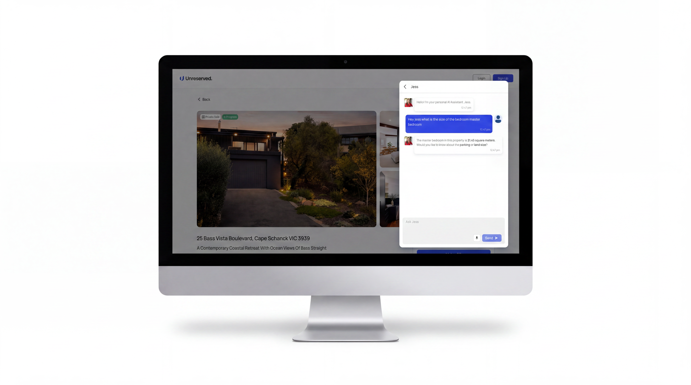 The Unreserved draft listing for 25 Bass Vista Boulevard, Cape Schanck on a desktop computer, with the photo gallery and AI assistant answering buyer questions