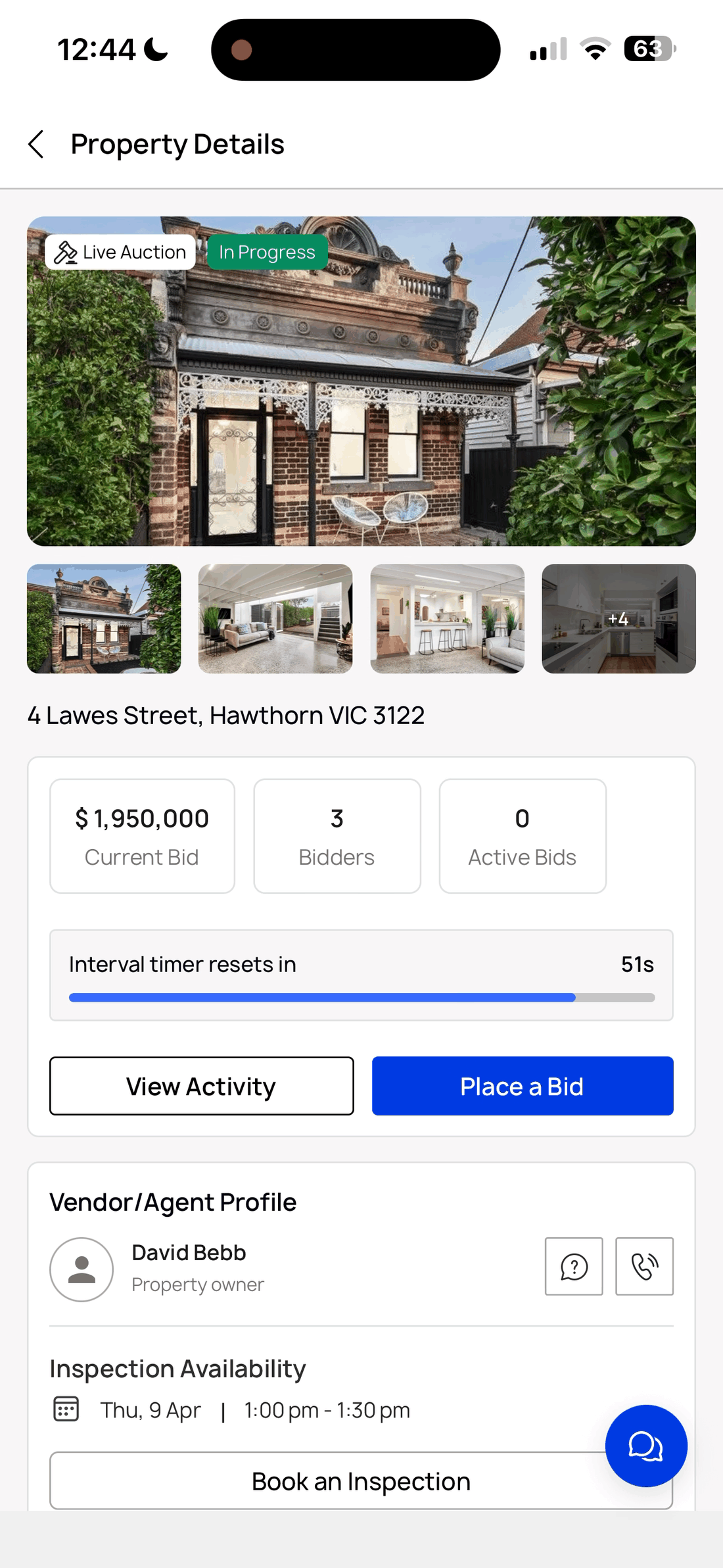 Live online auction view of 4 Lawes Street, Hawthorn: $1.95M with 3 verified bidders