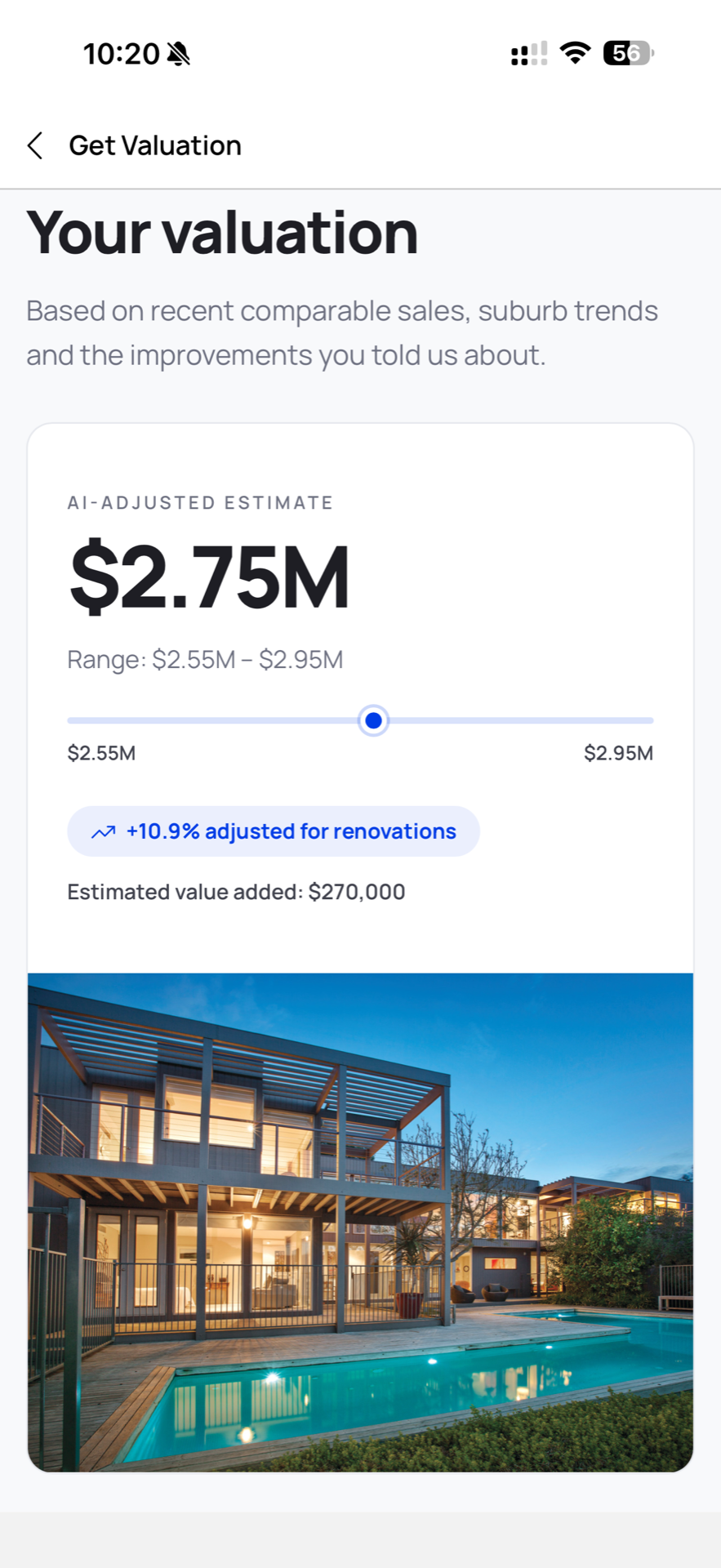 An Unreserved AI valuation: a $2.75M estimate with a $2.55M-$2.95M range, adjusted 10.9% for renovations
