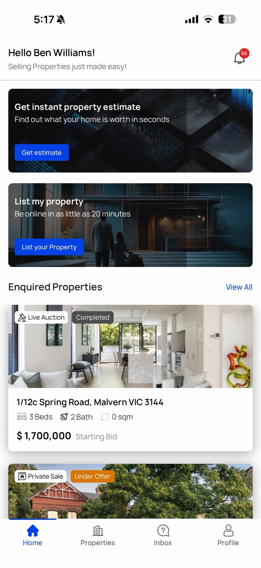 Unreserved app home screen: instant valuation, list-my-property and live-auction enquiries