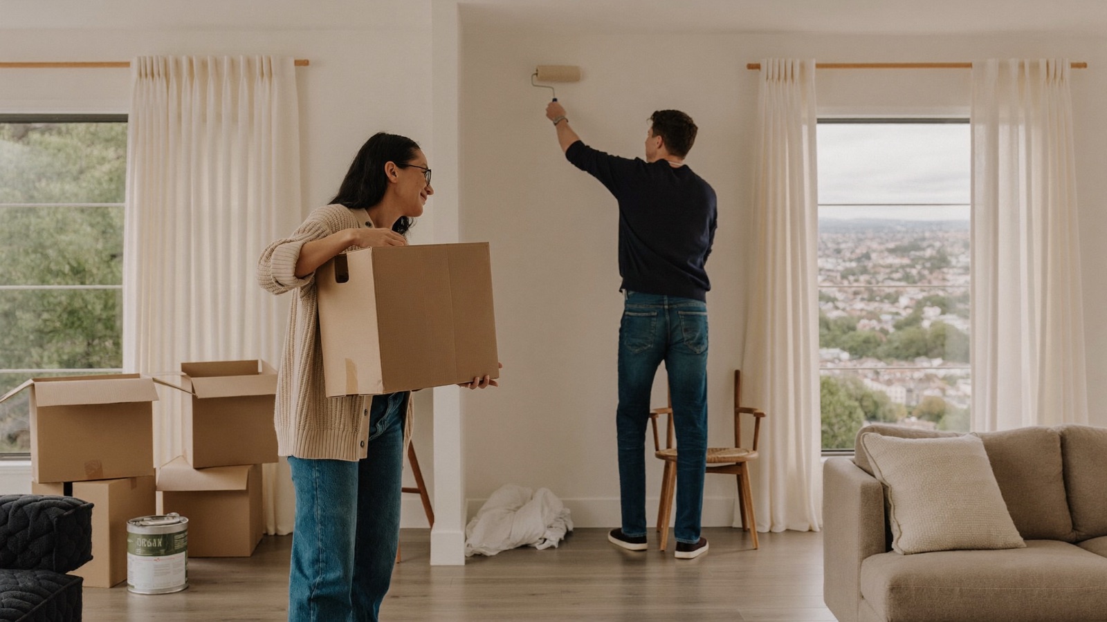 An Australian homeowner couple preparing their home for sale by decluttering and touching up paint