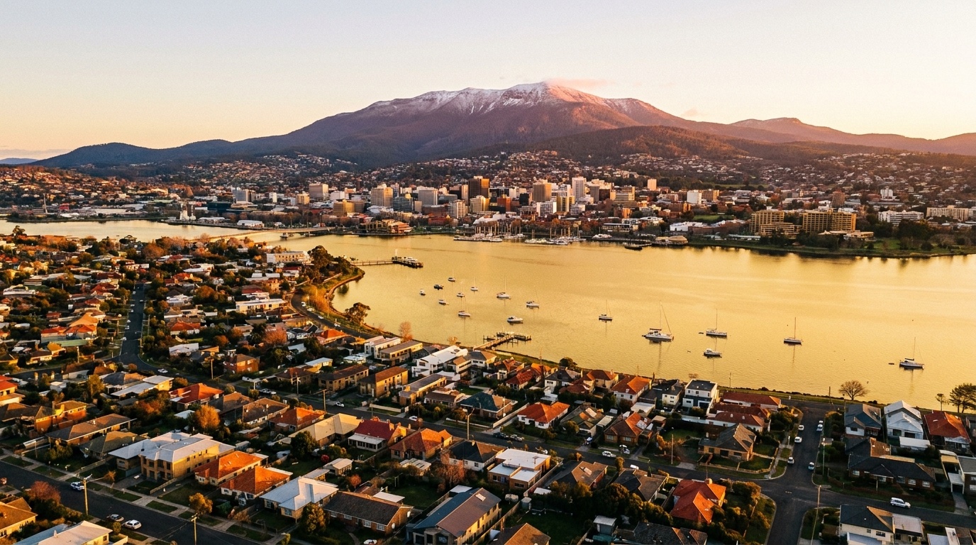 Hobart city and the Derwent River with kunanyi Mount Wellington rising behind riverside residential suburbs
