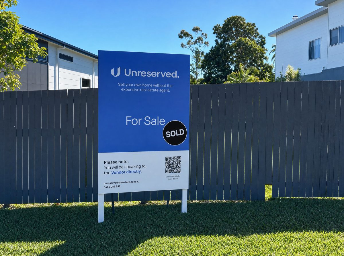 An Unreserved For Sale signboard with a SOLD sticker on the front fence of a suburban home