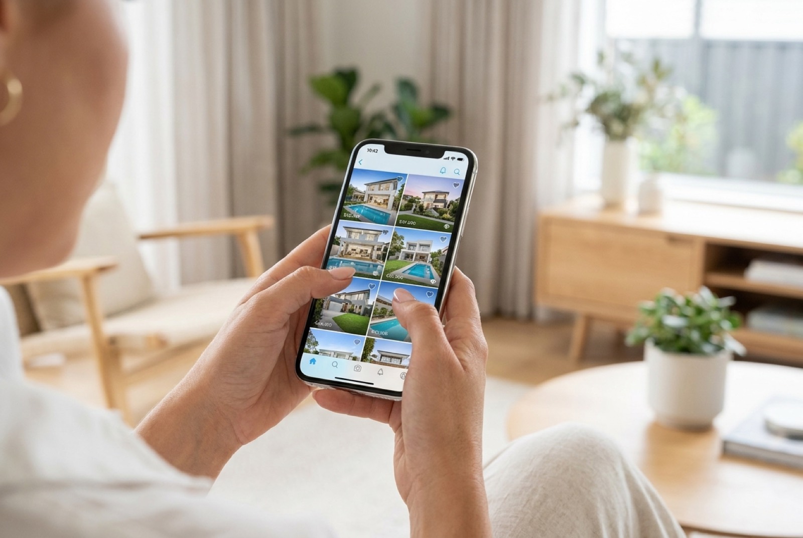 A buyer scrolling a real-estate property search app on a phone, browsing a grid of home listing thumbnails