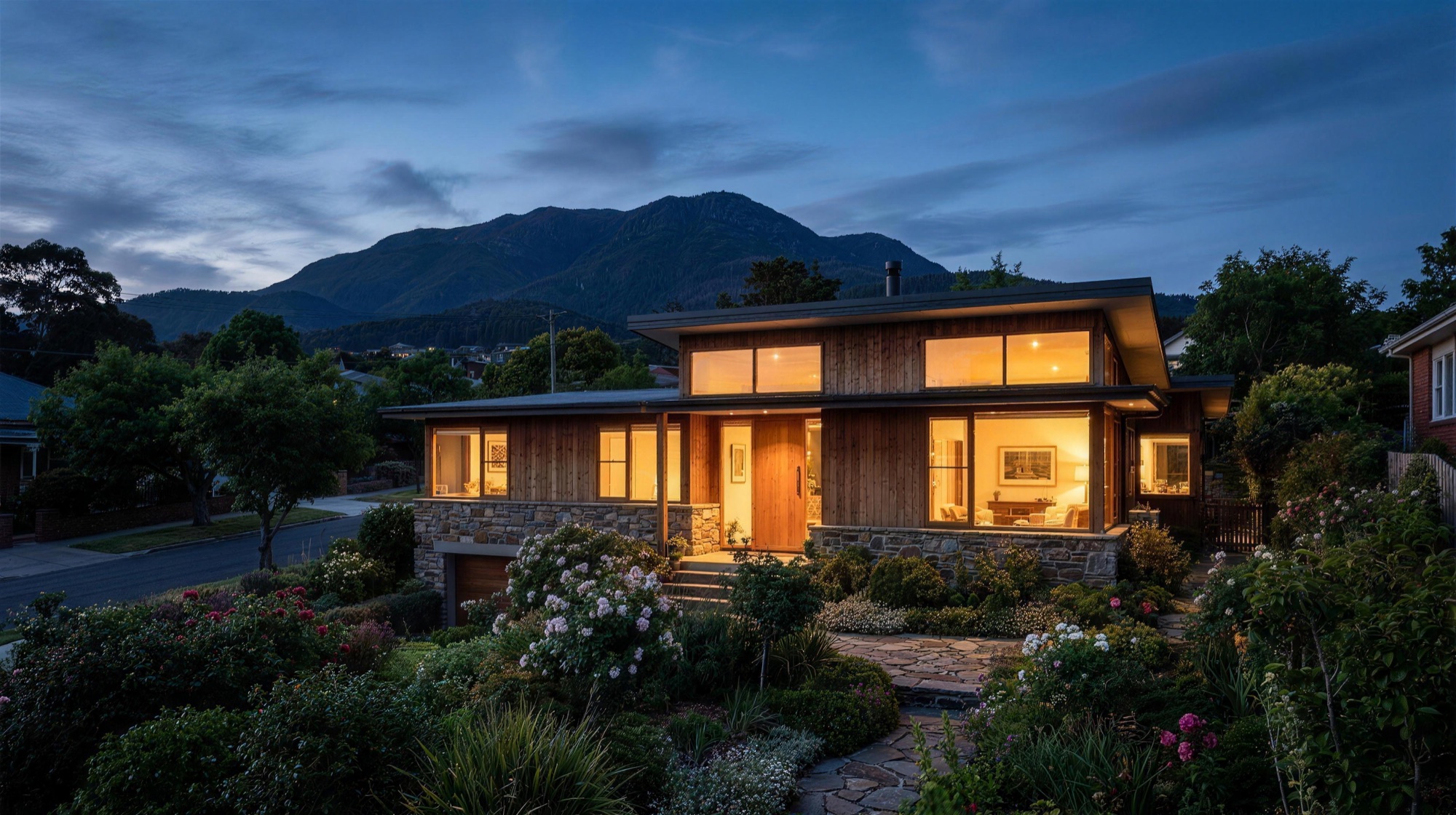 Contemporary Hobart home at dusk beneath kunanyi presented for a private sale