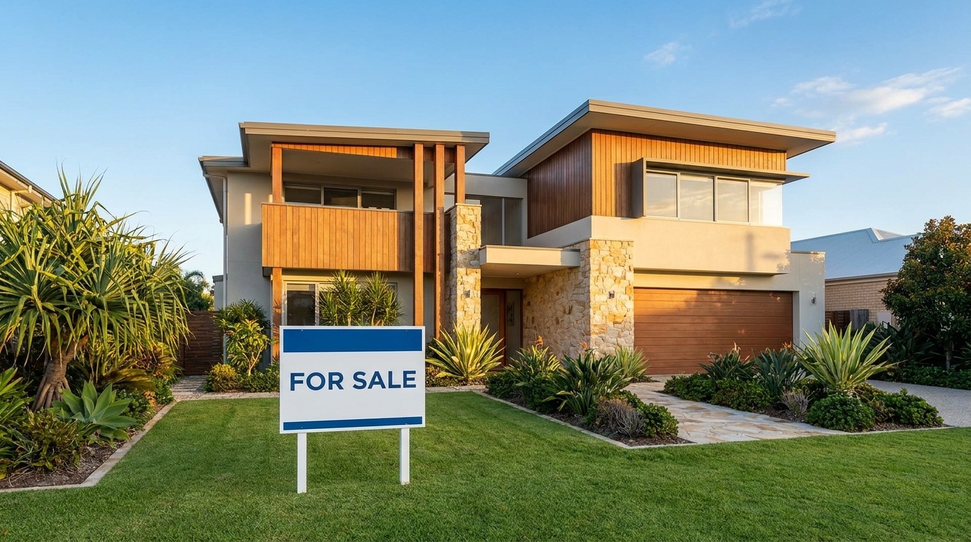 Modern Australian home at golden hour with a For Sale signboard on the front lawn